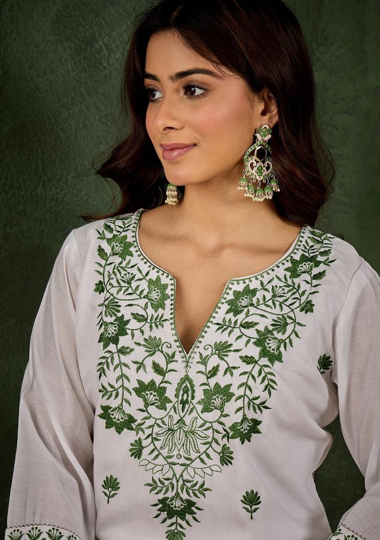 White Embroidered Silk Kurta Set - Indya