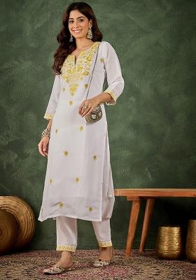 White Embroidered Silk Kurta Set