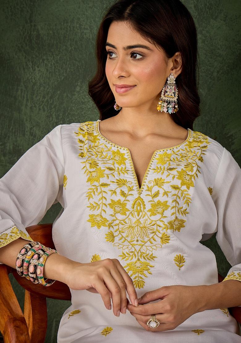 White Embroidered Silk Kurta Set - Indya