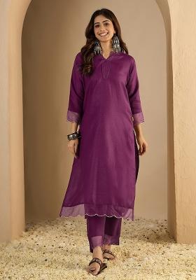 Purple Solid Cotton Kurta Set