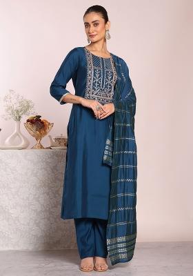 Blue Sequin Work Silk Kurta Set