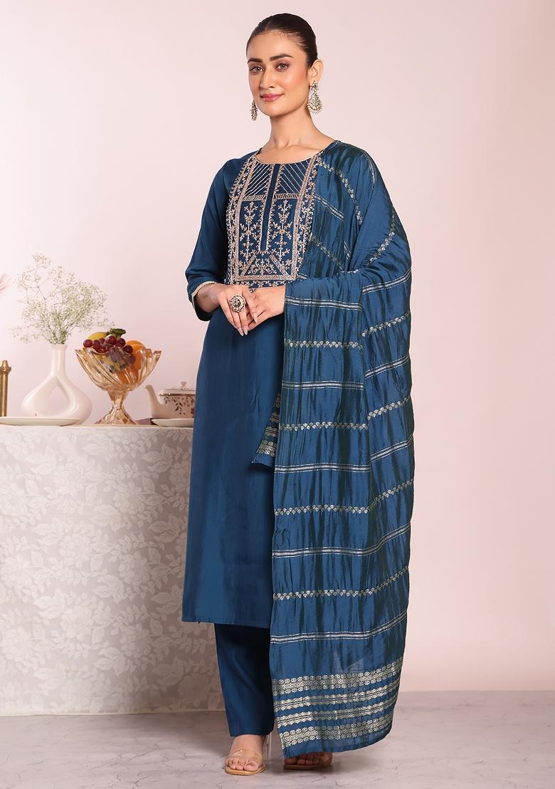 Blue Sequin Work Silk Kurta Set - Indya