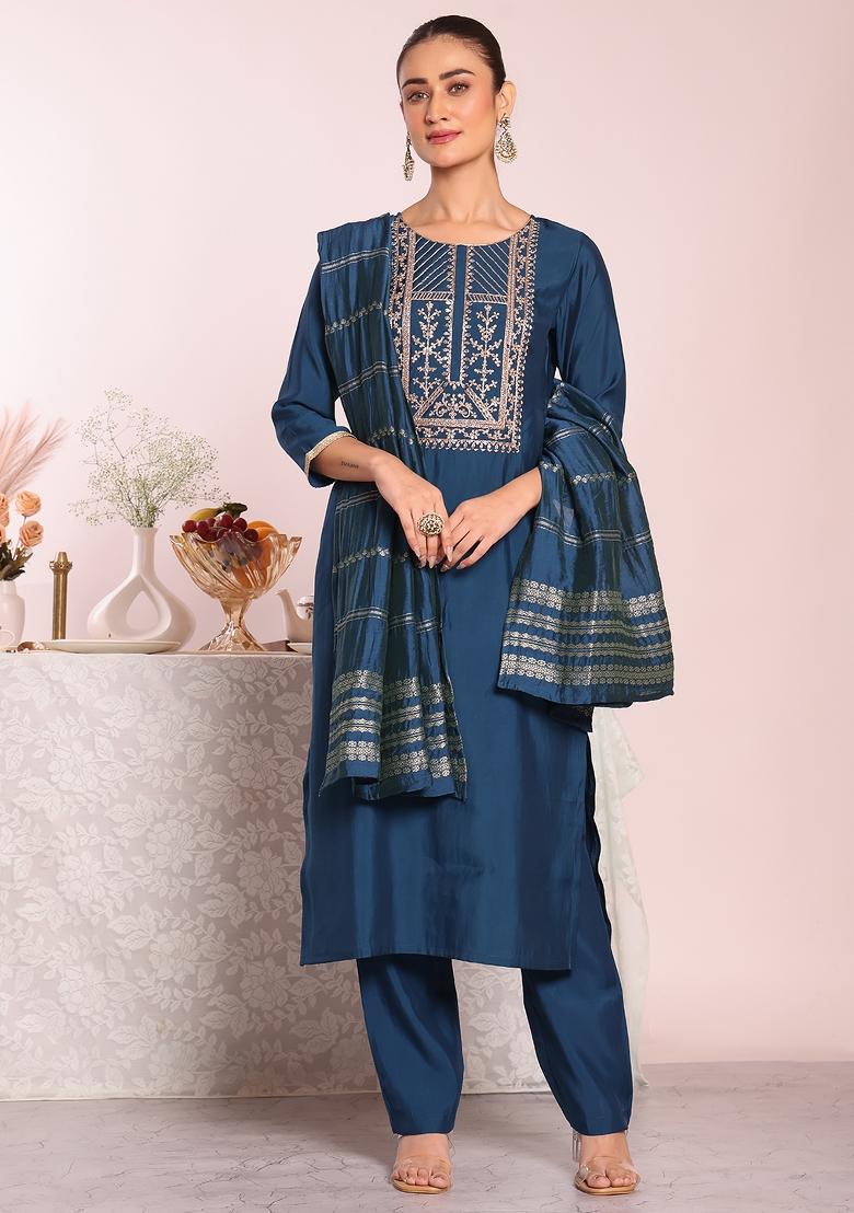 Blue Sequin Work Silk Kurta Set - Indya