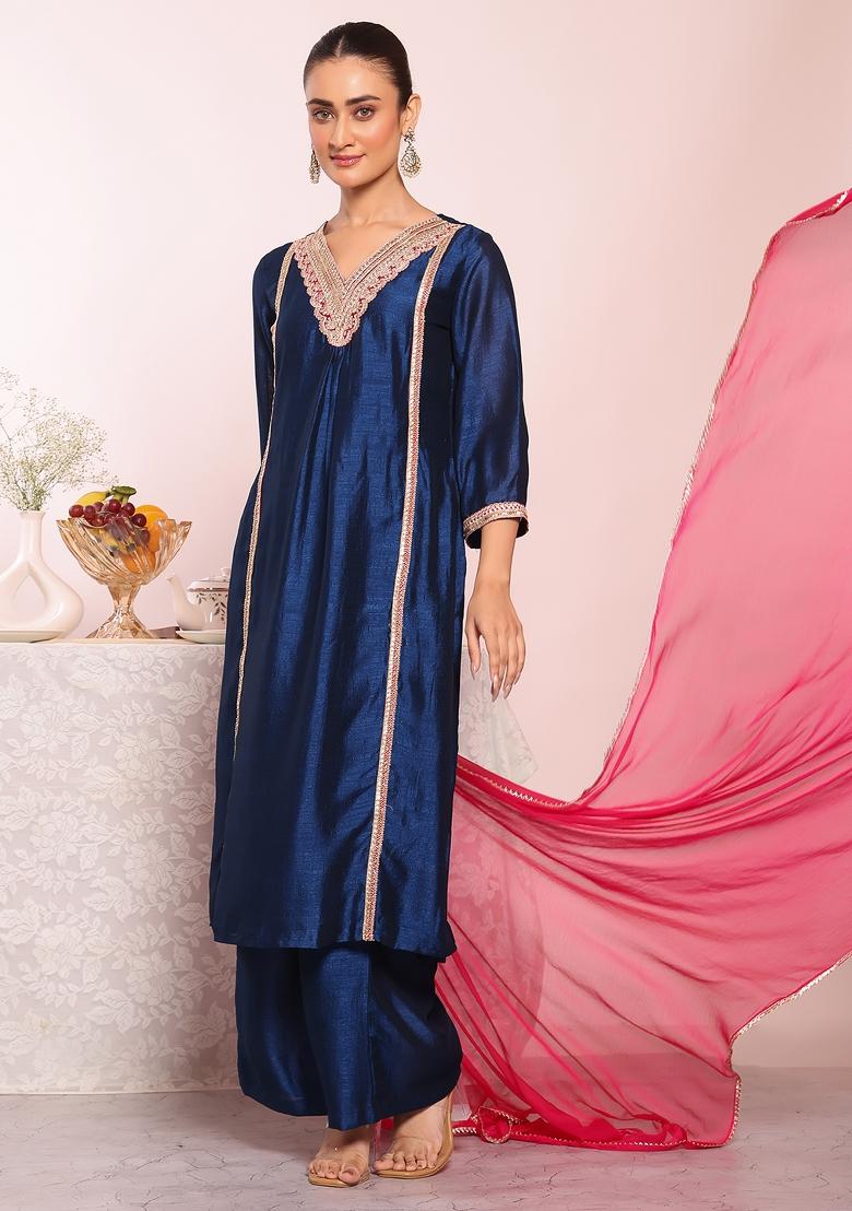Blue Sequin Work Silk Kurta Set - Indya