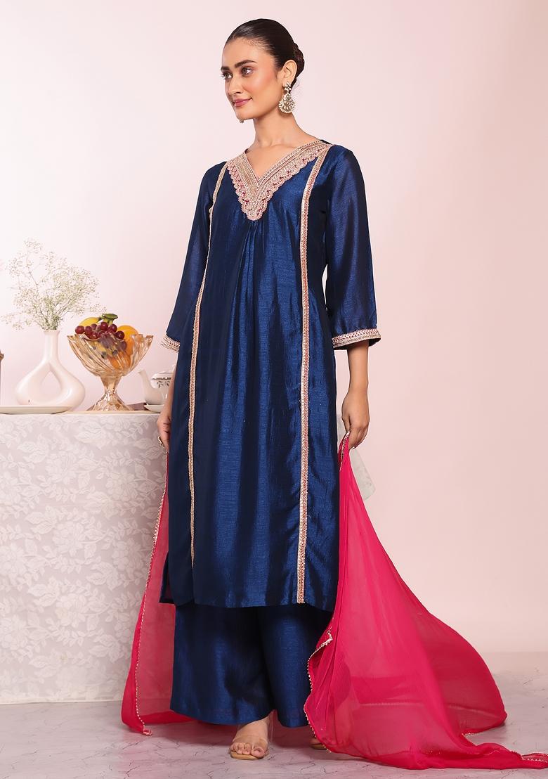 Blue Sequin Work Silk Kurta Set - Indya