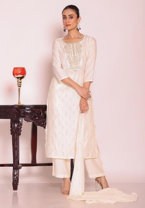 Off White Sequin Work Silk Kurta Set