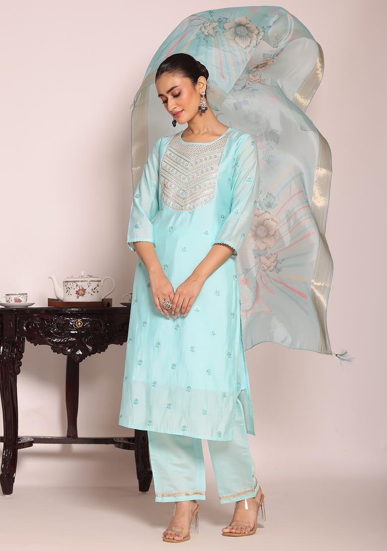 Sky Blue Sequin Work Silk Kurta Set - Indya