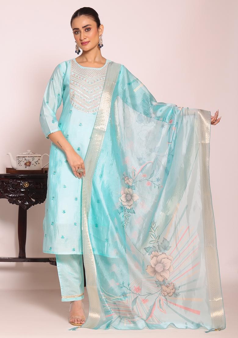 Sky Blue Sequin Work Silk Kurta Set - Indya