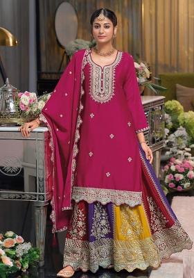 Red Sequin Work Chinon Kurta Set