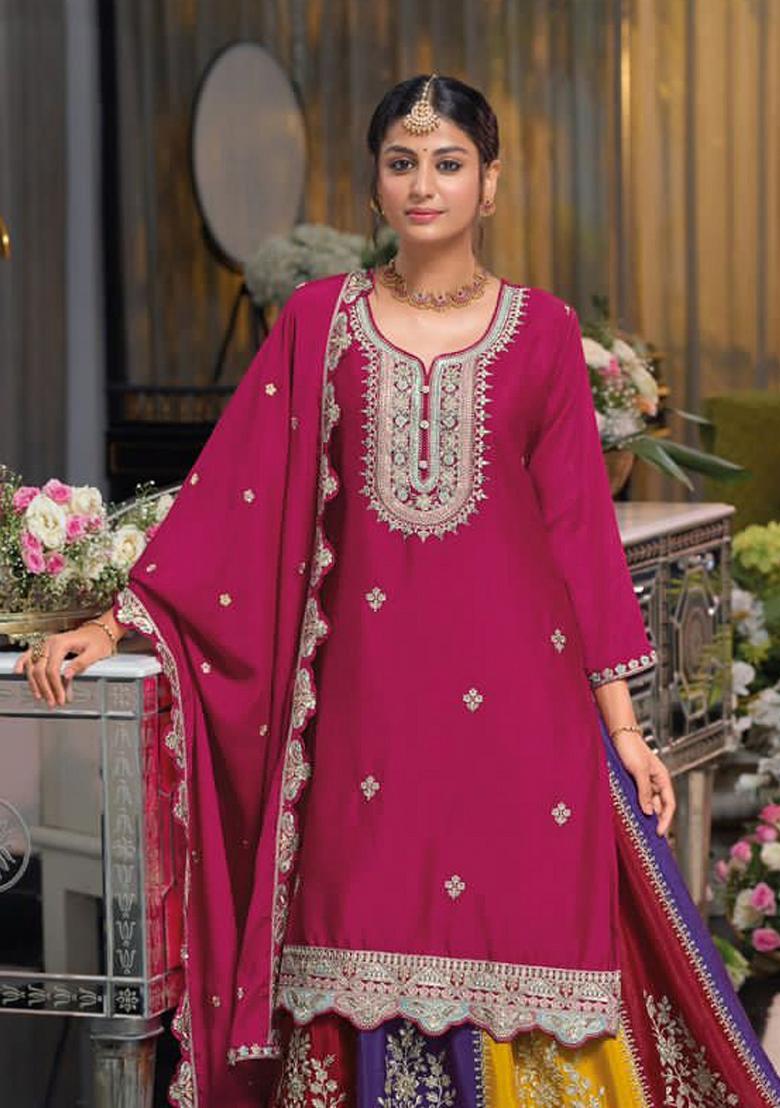 Red Sequin Work Chinon Kurta Set - Indya