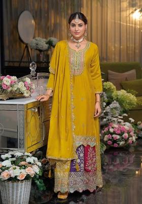 Yellow Sequin Work Chinon Kurta Set