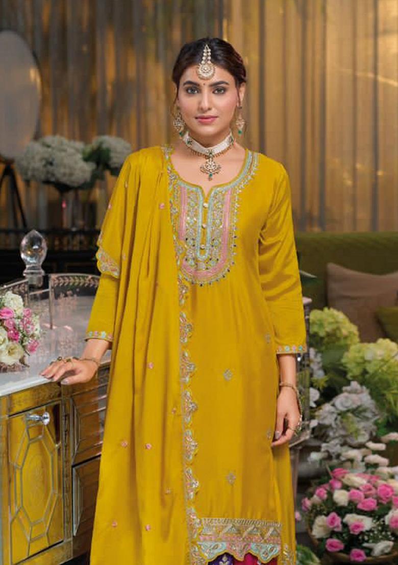 Yellow Sequin Work Chinon Kurta Set - Indya