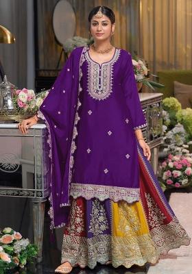 Purple Sequin Work Chinon Kurta Set