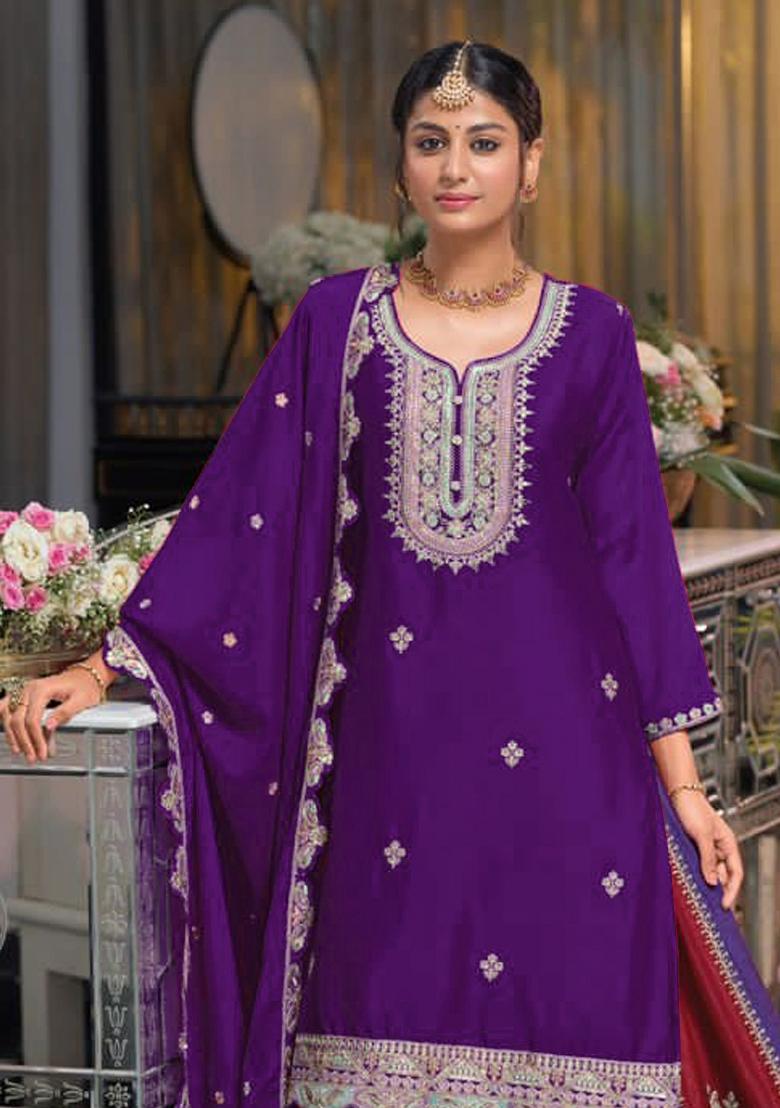 Purple Sequin Work Chinon Kurta Set - Indya