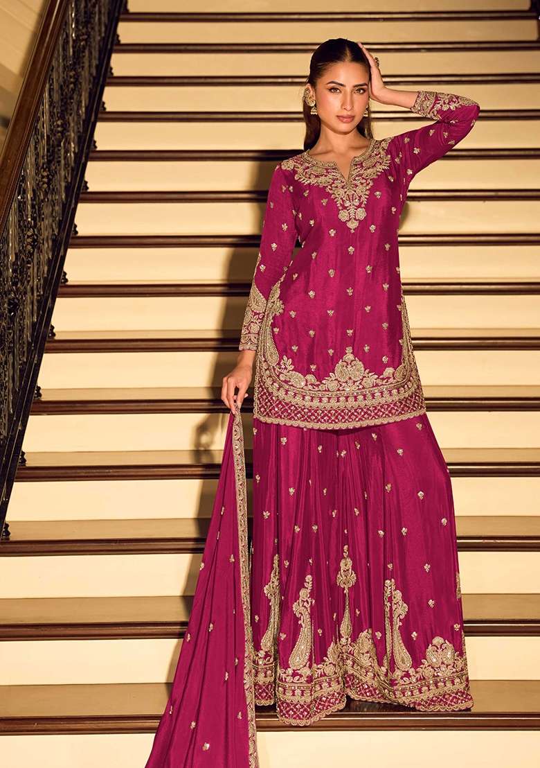 Rani Pink Sequin Work Silk Sharara Set - Indya
