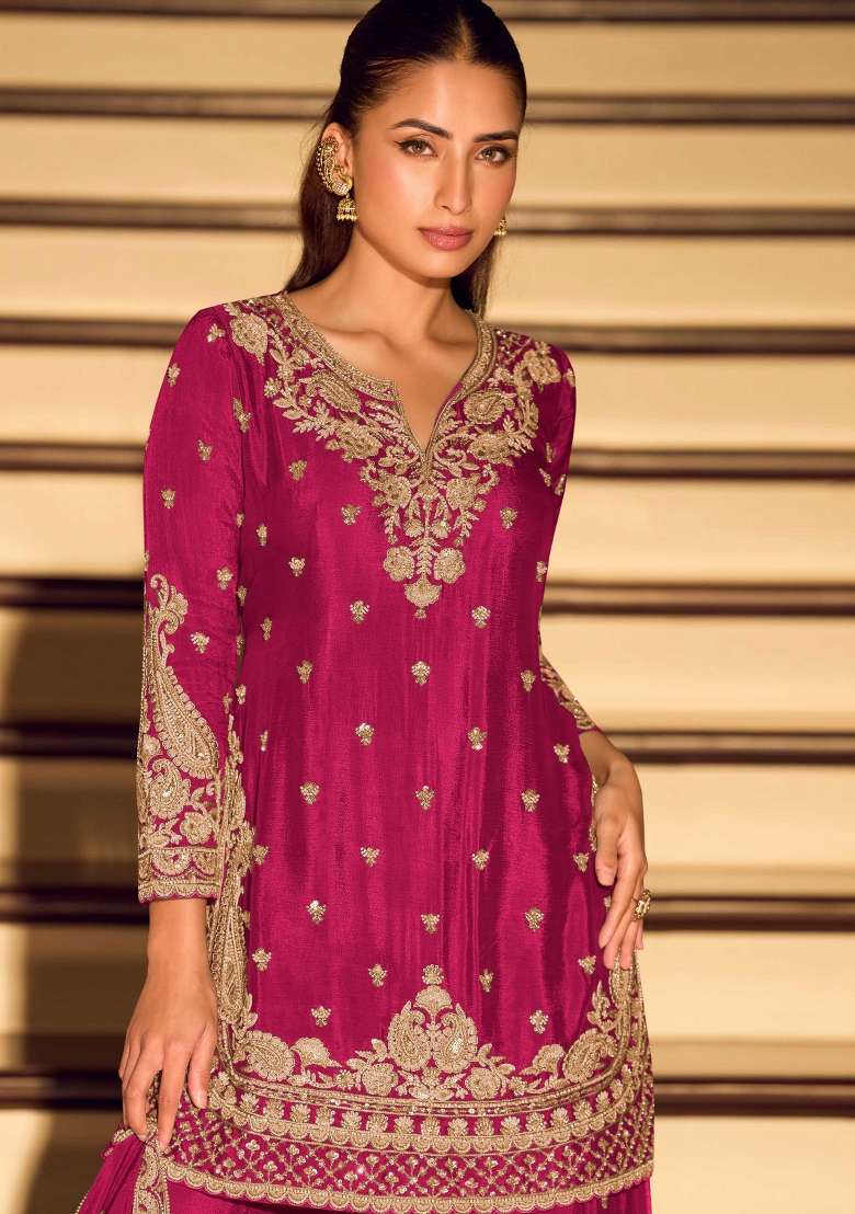 Rani Pink Sequin Work Silk Sharara Set - Indya