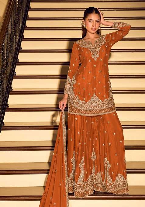 Orange Sequin Work Silk Sharara Set