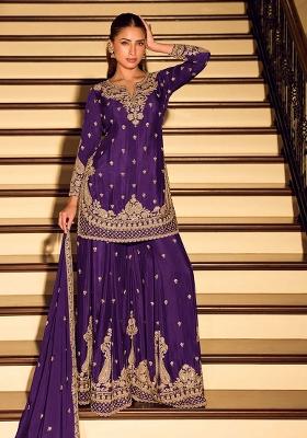 Purple Sequin Work Silk Sharara Set