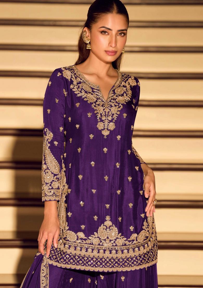 Purple Sequin Work Silk Sharara Set - Indya
