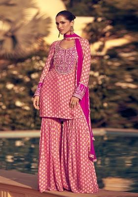 Pink Sequin Work Silk Sharara Set