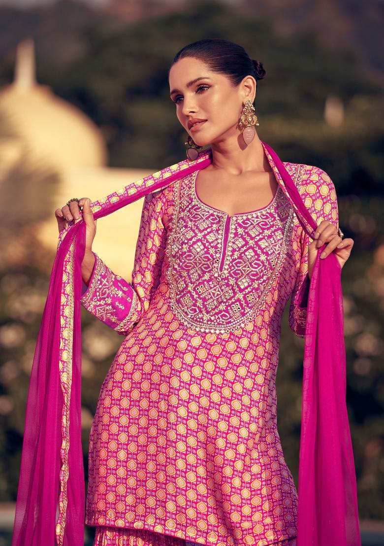 Pink Sequin Work Silk Sharara Set - Indya