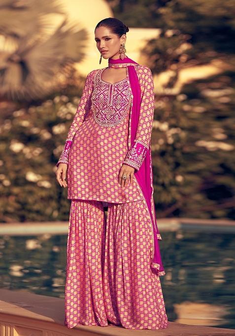 Pink Sequin Work Silk Sharara Set