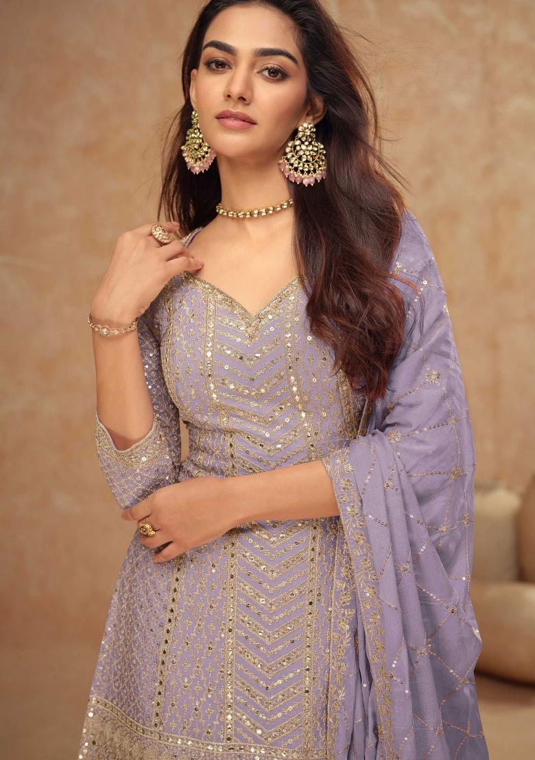 Lavender Sequin Work Chinon Palazzo Set - Indya
