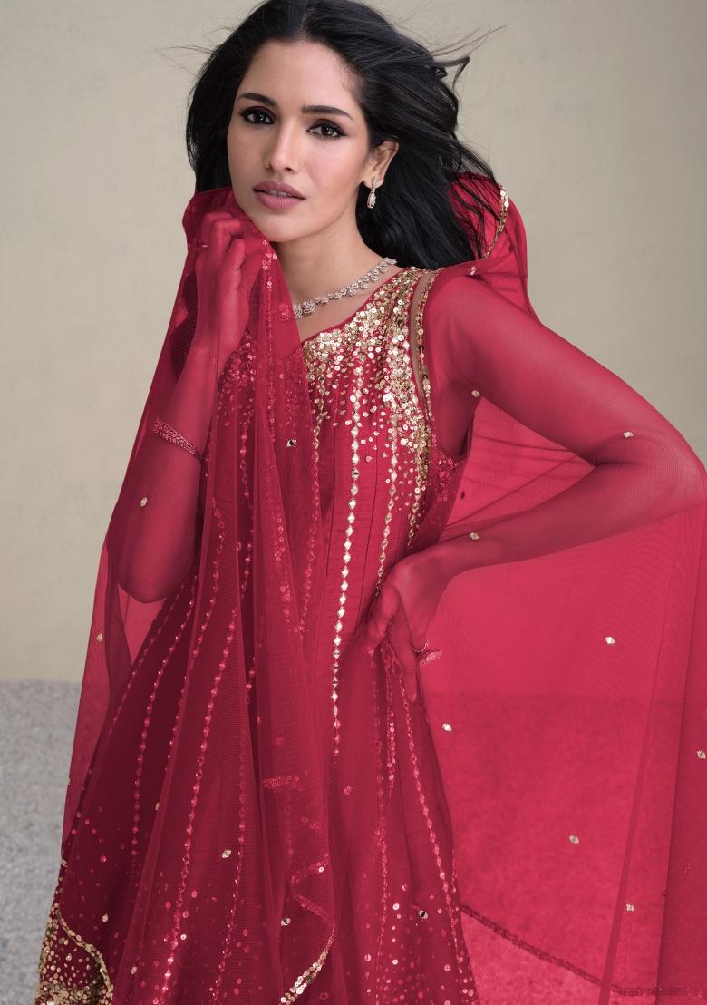 Pink Sequin Work Silk Kurta Set - Indya