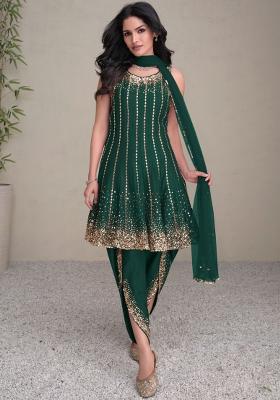 Green Sequin Work Silk Kurta Set