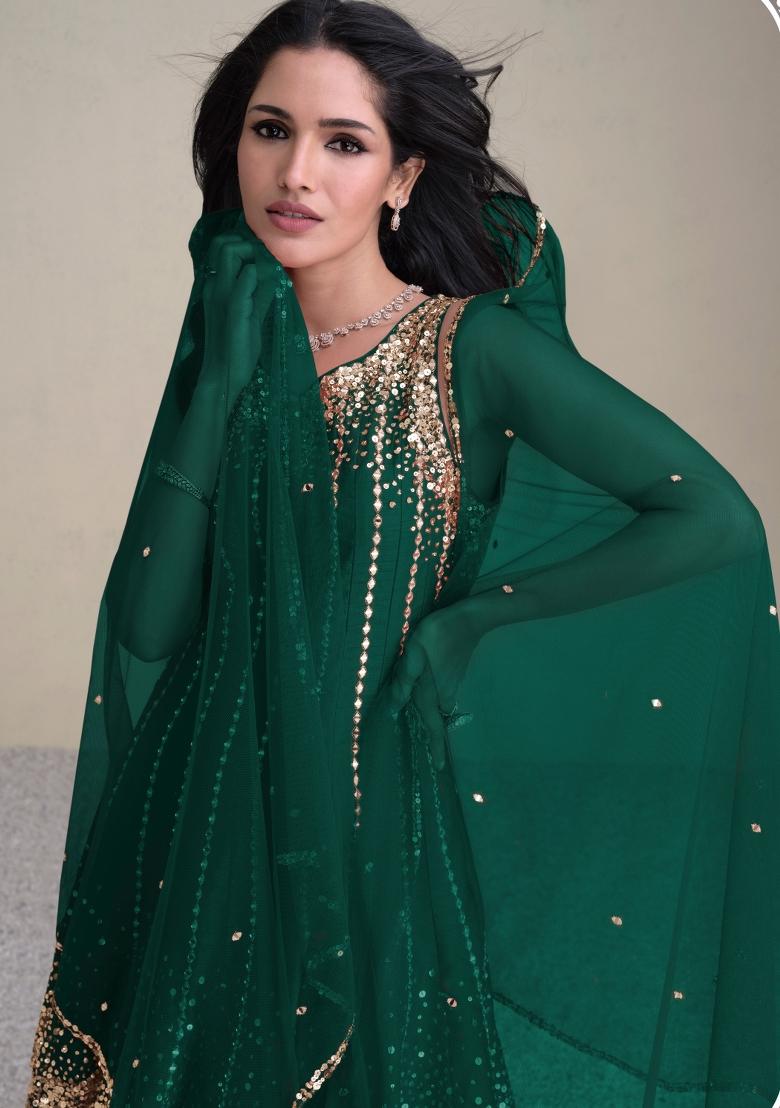 Green Sequin Work Silk Kurta Set - Indya