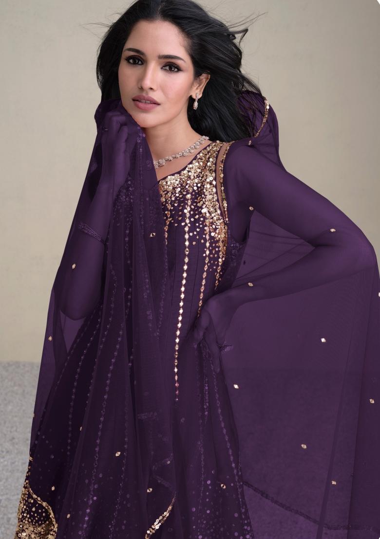 Purple Sequin Work Silk Kurta Set - Indya