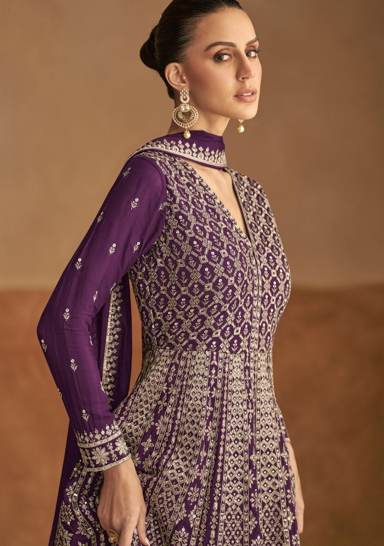 Purple Sequin Work Chinon Kurta With Dupatta - Indya