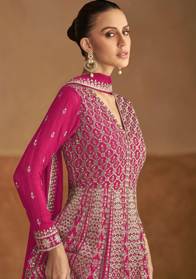 Pink Sequin Work Chinon Kurta With Dupatta - Indya