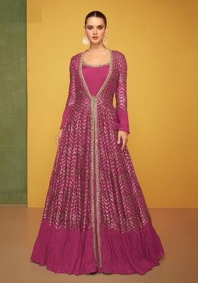 Rani Pink Sequin Work Silk Kurta With Jacket