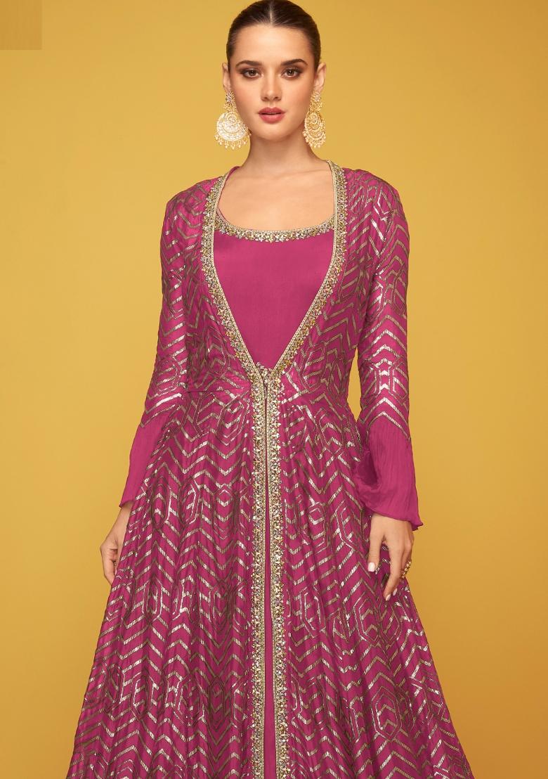 Rani Pink Sequin Work Silk Kurta With Jacket - Indya