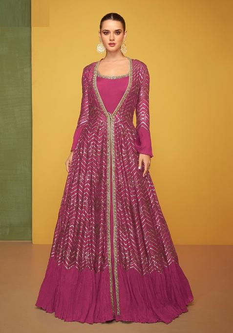 Rani Pink Sequin Work Silk Kurta With Jacket