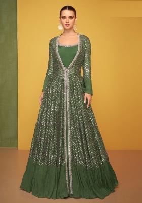 Olive Green Sequin Work Silk Kurta With Jacket