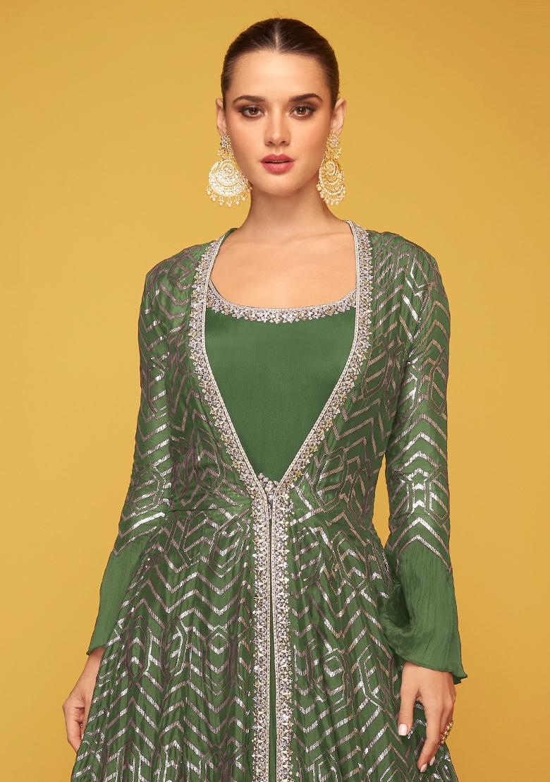 Olive Green Sequin Work Silk Kurta With Jacket - Indya
