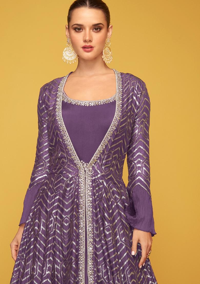 Purple Sequin Work Silk Kurta With Jacket - Indya