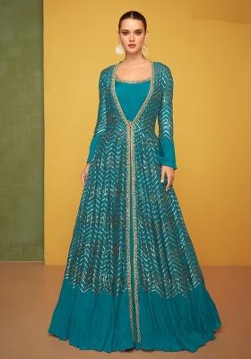 Blue Sequin Work Silk Kurta With Jacket