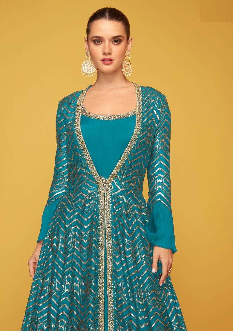 Blue Sequin Work Silk Kurta With Jacket - Indya