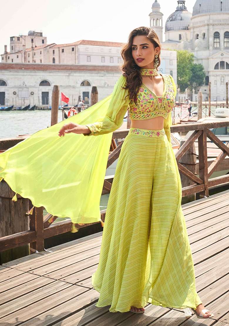 Lime Yellow Sequin Work Silk Palazzo Set - Indya