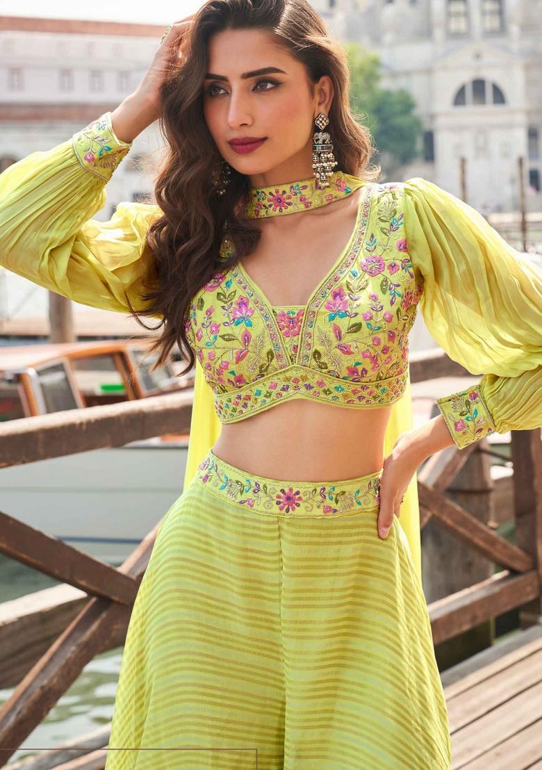 Lime Yellow Sequin Work Silk Palazzo Set - Indya