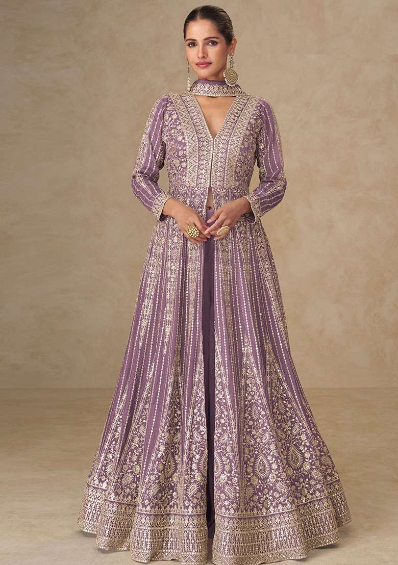 Lavender Sequin Work Silk Palazzo Set - Indya
