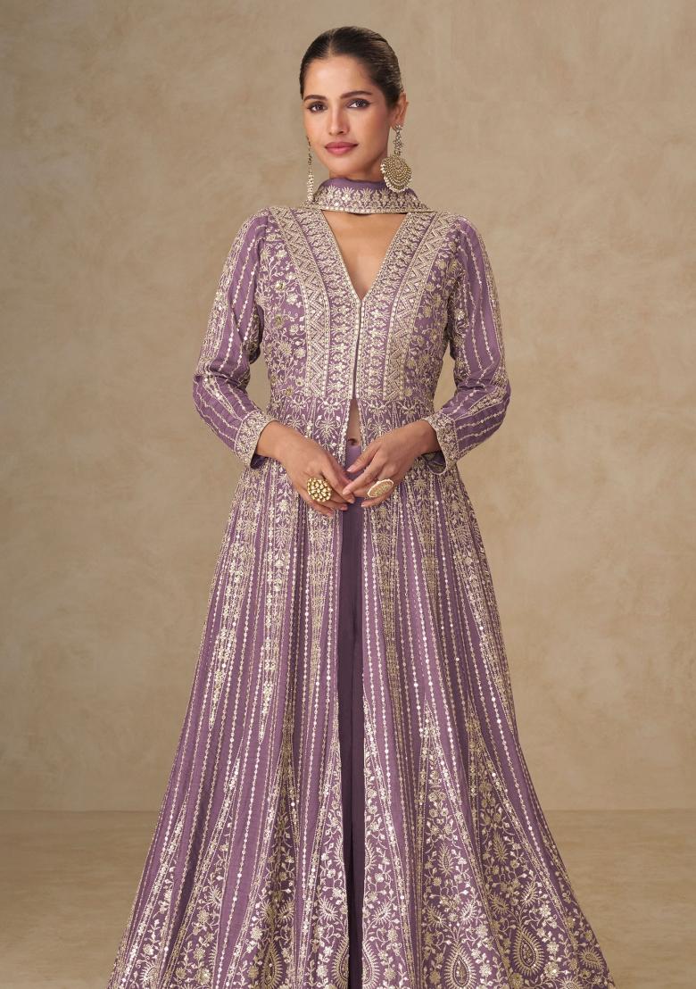 Lavender Sequin Work Silk Palazzo Set - Indya