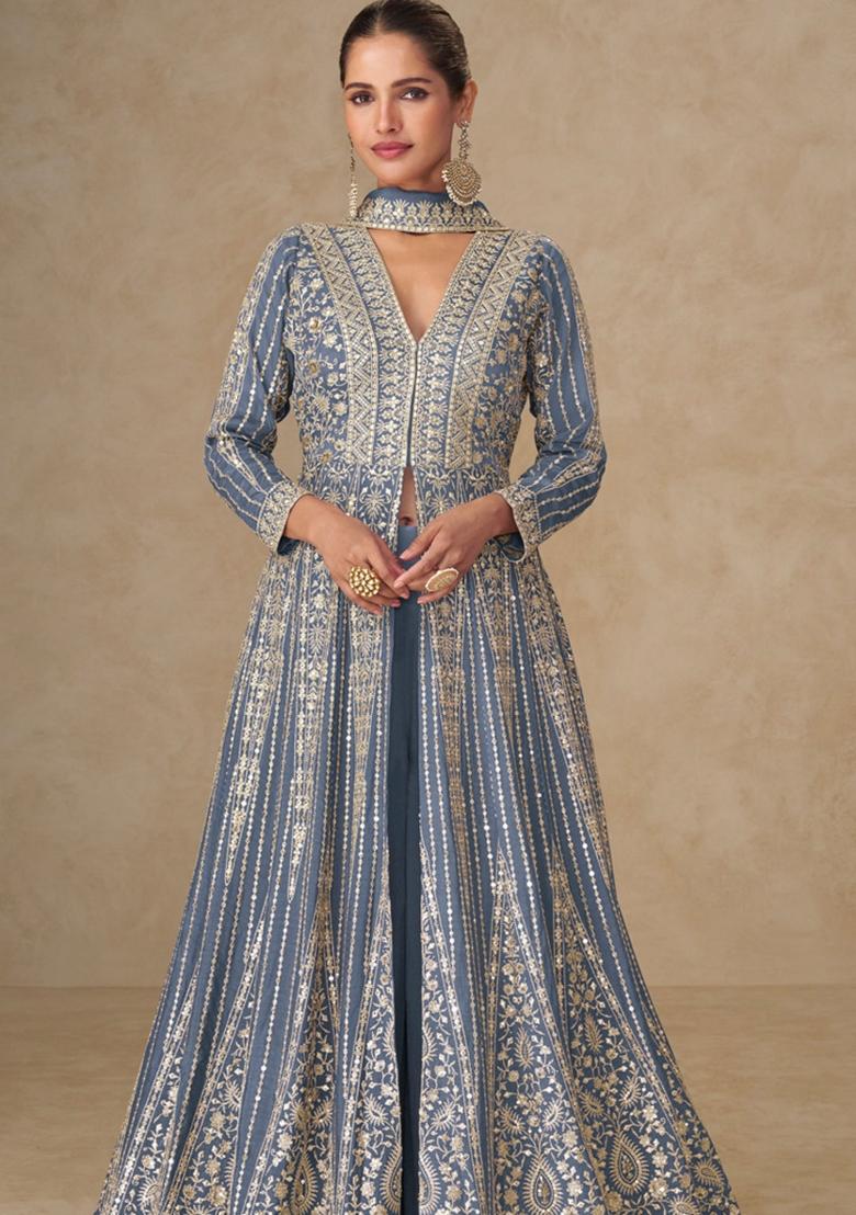 Blue Sequin Work Silk Palazzo Set - Indya