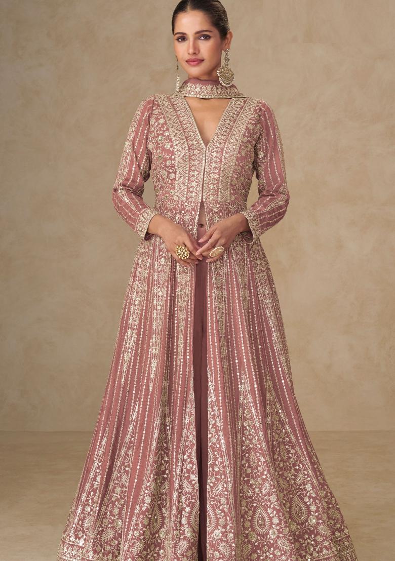 Dusty Rose Sequin Work Silk Palazzo Set - Indya