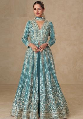 Teal Blue Sequin Work Silk Palazzo Set