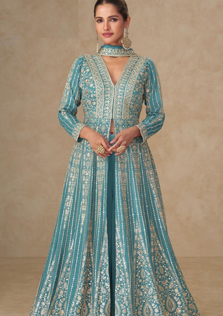 Teal Blue Sequin Work Silk Palazzo Set - Indya