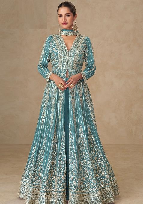 Teal Blue Sequin Work Silk Palazzo Set